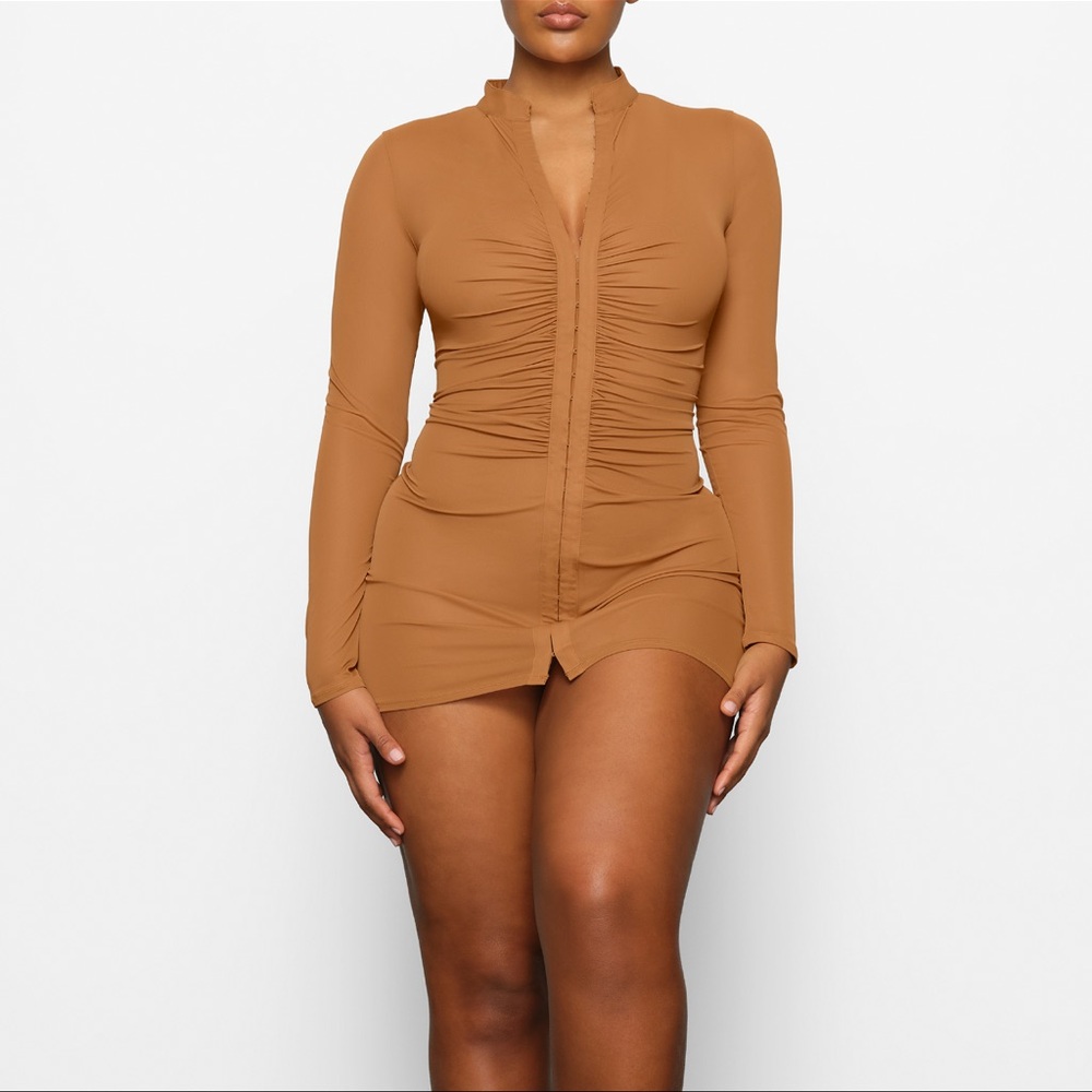 Skims Tan Long Sleeve Ruched Mini Dress Swim Coverup